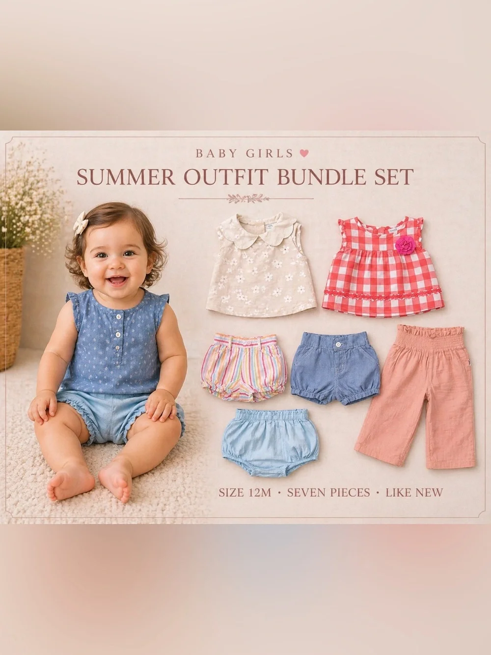 Baby Girl Summer Outfit Bundle 12M | 7 Piece Set | Mix & Match Boutique Style